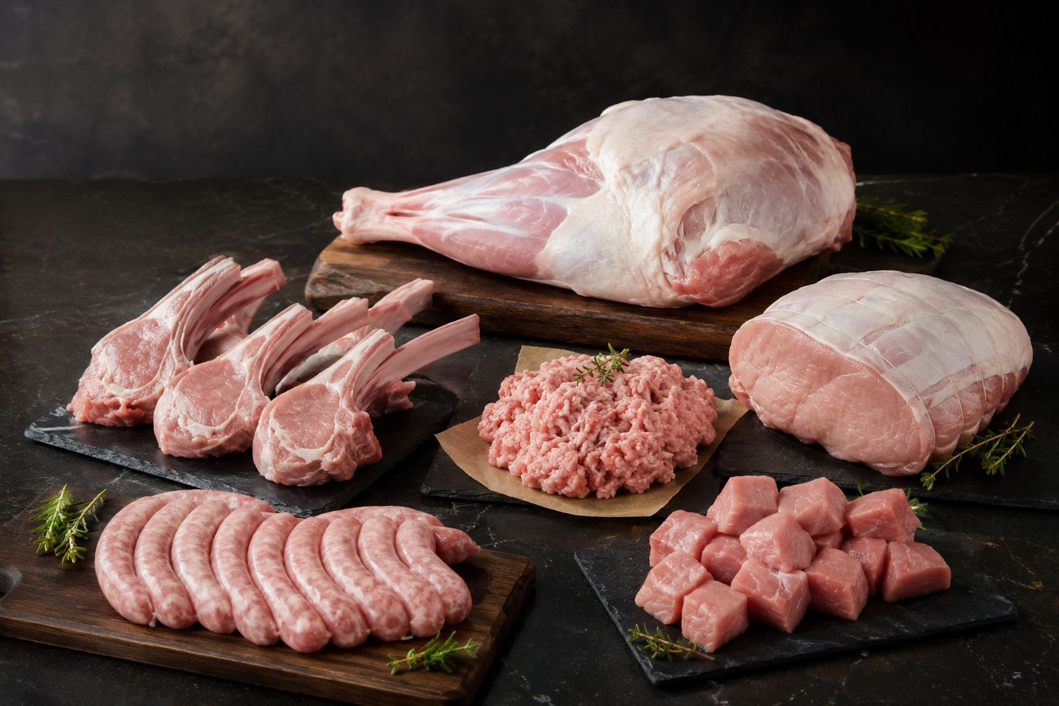 Découpes variées de veau bio : viande hachée, côtes, saucisses et pièces à rôtir